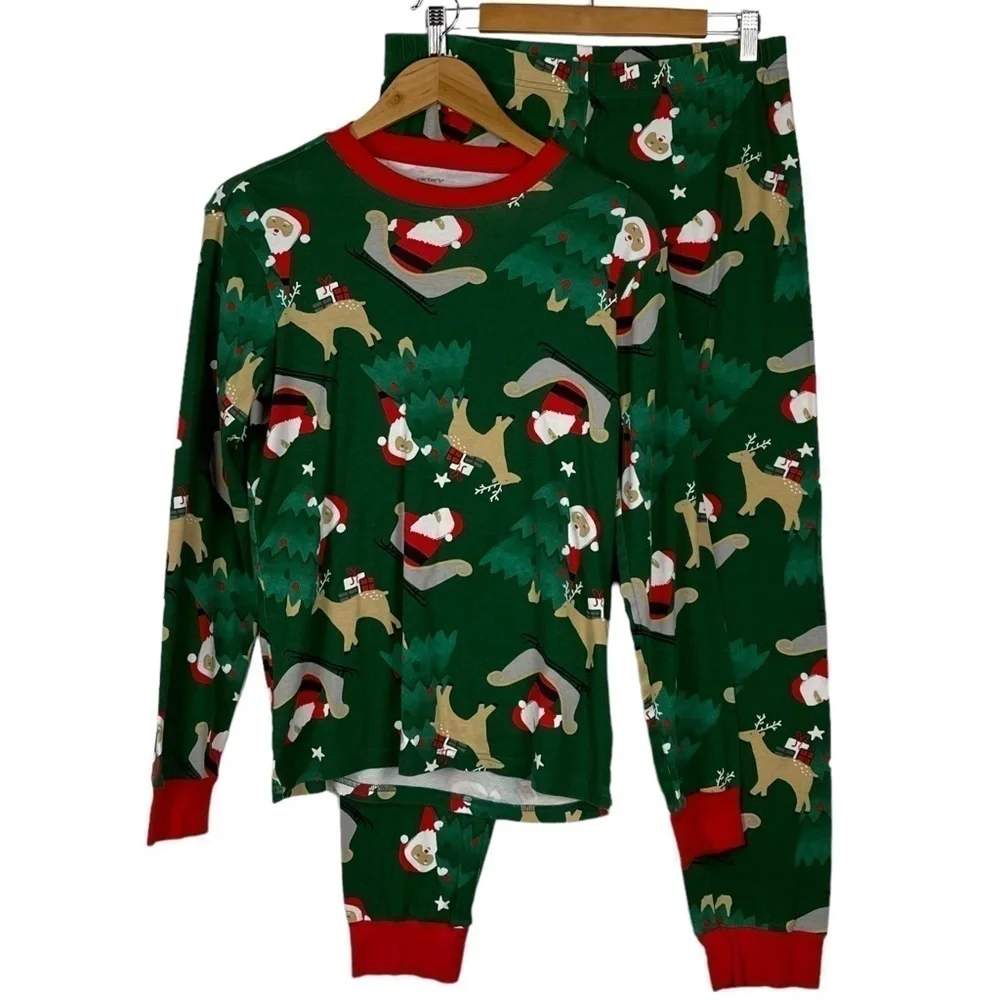 CARTER'S ADULT SANTA REINDEER HOLIDAY RED GREEN COTTON MATCHING PAJAMA PJ SET